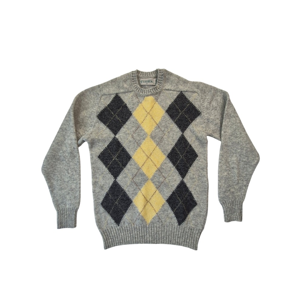 Classics 100% Wool Argyle Sweater Men's Medium Gray Yellow Crewneck Preppy